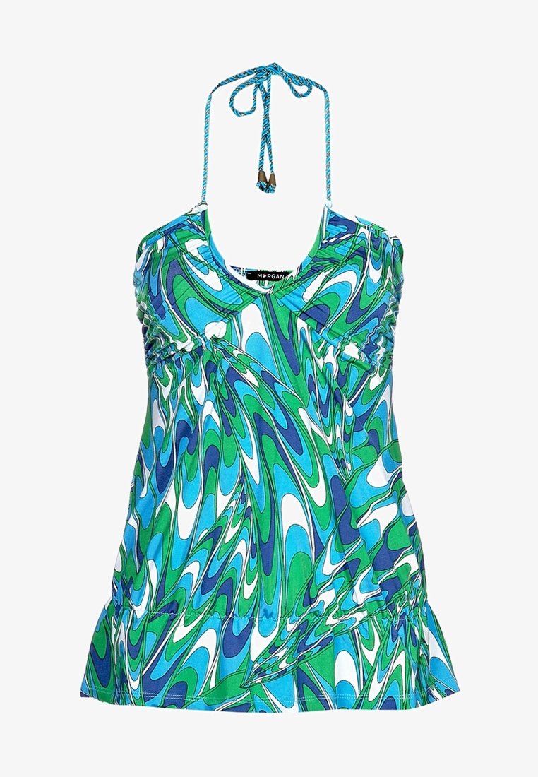 Haut pour femmes bleu, vert et blanc à col halter avec un motif abstrait en spirale et des fronces sous la poitrine et à l'ourlet.