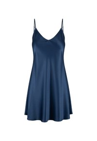 Robe de satin marine à bretelles fines et ajustables, avec un décolleté en V et une jupe évasée. Texture lisse et design minimaliste.