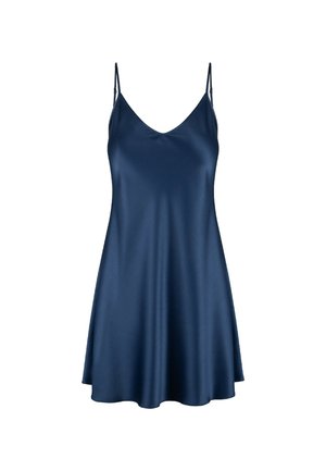 Abito slip in satin blu navy con scollatura a V, sottili spalline regolabili e gonna svasata. Texture liscia e design minimalista.