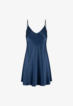 Marineblauwe satijnen slipdress met een V-hals, dunne verstelbare schouderbanden en een uitlopende rok. Gladde textuur en minimalistisch ontwerp.