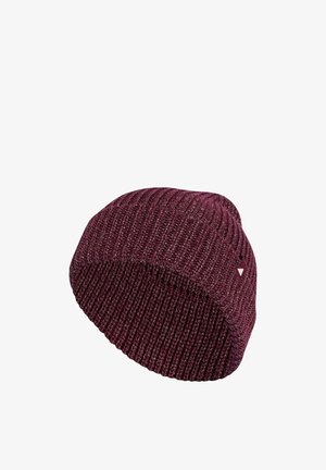 Maroon ribbed knit beanie with a small fabric tag featuring a white triangle logo, shown on a white background.