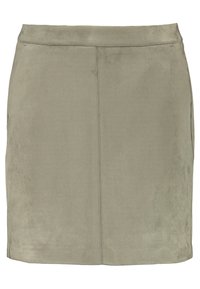 Khaki zelená semišová sukně s rovný střih, s hladkou texturou a středovým švem. Jednoduchý pas bez ozdob.