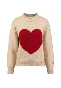Beige gestrickter Pullover mit einem auffälligen roten Herzdesign auf der Vorderseite, mit einem gerippten Kragen und Bündchen. Dezente Textur überall.