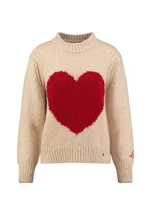 Beżowy sweter z dzianiny z wyraźnym czerwonym sercem na przodzie, posiadający ściągacz przy kołnierzu i rękawach. Subtelna tekstura na całej powierzchni.
