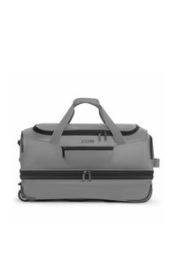 Borsa da viaggio grigia con due manici, scomparti con cerniera, texture liscia e ruote girevoli per la mobilità. Presenta un logo sulla parte anteriore.