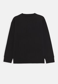 Sudadera de algodón negra, con cuello acanalado, mangas largas, diseño liso, con dobladillo curvado y detalles cosidos en la parte posterior.