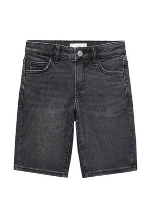 Schwarze Denim-Shorts mit vorderem Knopf, Reißverschluss, Gürtelschlaufen und fünf Taschen, auf weißem Hintergrund dargestellt.