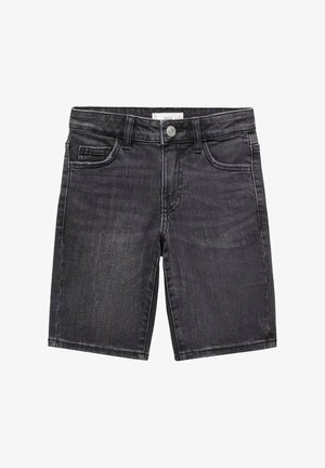 Sorte denimshorts med knap foran, lynlås, bæltestropper og fem lommer, vist på en hvid baggrund.