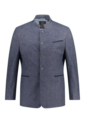 Marineblaue Blazer mit Stehkragen, fünf Knöpfen und zwei Seitentaschen; strukturierter Stoff mit kontrastierender innenseitiger Verarbeitungsdetails.