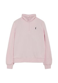 Ljust rosa kvartdraget sweatshirt i mjukt tyg med långa ärmar. Har ribbade muddar och ett mörkt emblem på bröstet.