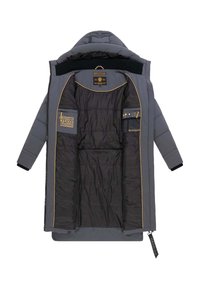 Grey hooded winter coat with black quilted inner lining, yellow piping, and multiple interior pockets including one with earphone and pen slots.