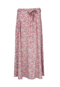 Blumiger Maxirock aus leichtem Stoff, mit einem rosa Hintergrund und mehrfarbigen Blumenmustern, einem gebundenen Taillenbund und einem fließenden Design.