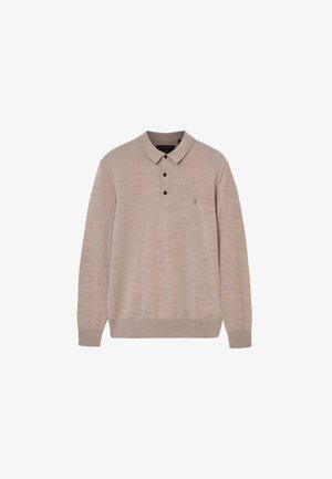 Jasnobeżowy sweter polo z długim rękawem wykonany z teksturowanej tkaniny. Posiada kołnierzyk, trzy guziki oraz mały emblemat na lewej piersi.