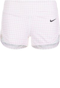 Bílé atletické šortky s růžovým čtvercovým mřížkovým vzorem, s černým logem, elastickým pasem a bočními rozparky pro lepší pohyb.