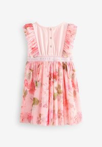 Blumenkleid mit einem hellrosa Oberteil, Rüschensämlen und einem transparenten Blumensockel. Verfügt über einen Knopfverschluss und einen markierten Taillenbund.