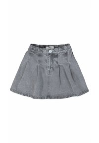 Grijze denim rok met een geplooid ontwerp, elastische tailleband en een knoopdetail aan de voorkant. Cirkelvormige zoom met een gladde textuur.