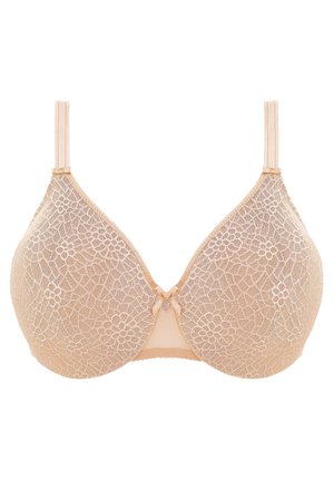 Soutien-gorge en dentelle de couleur nude avec un motif floral, bonnets rembourrés et accent décoratif au centre. Bretelles ajustables et design de dos lisse.