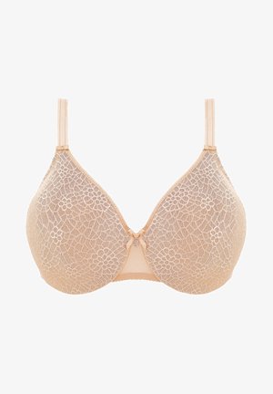 Lace bh in een huidskleur met een bloemenpatroon, gevoerde cups en een decoratieve accen in het midden. Verstelbare bandjes en een gladde achterkant.