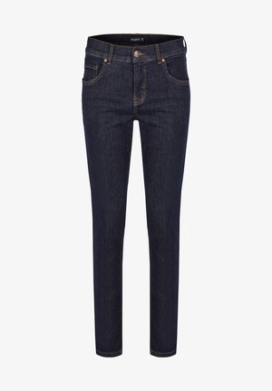 Dunkelblaue Denim-Jeans mit taillierter Passform, fünf Taschen, Hardware in Kupferfarbe und kontrastierendem Stich. Glatte Textur und gerade Beinanschnitt.