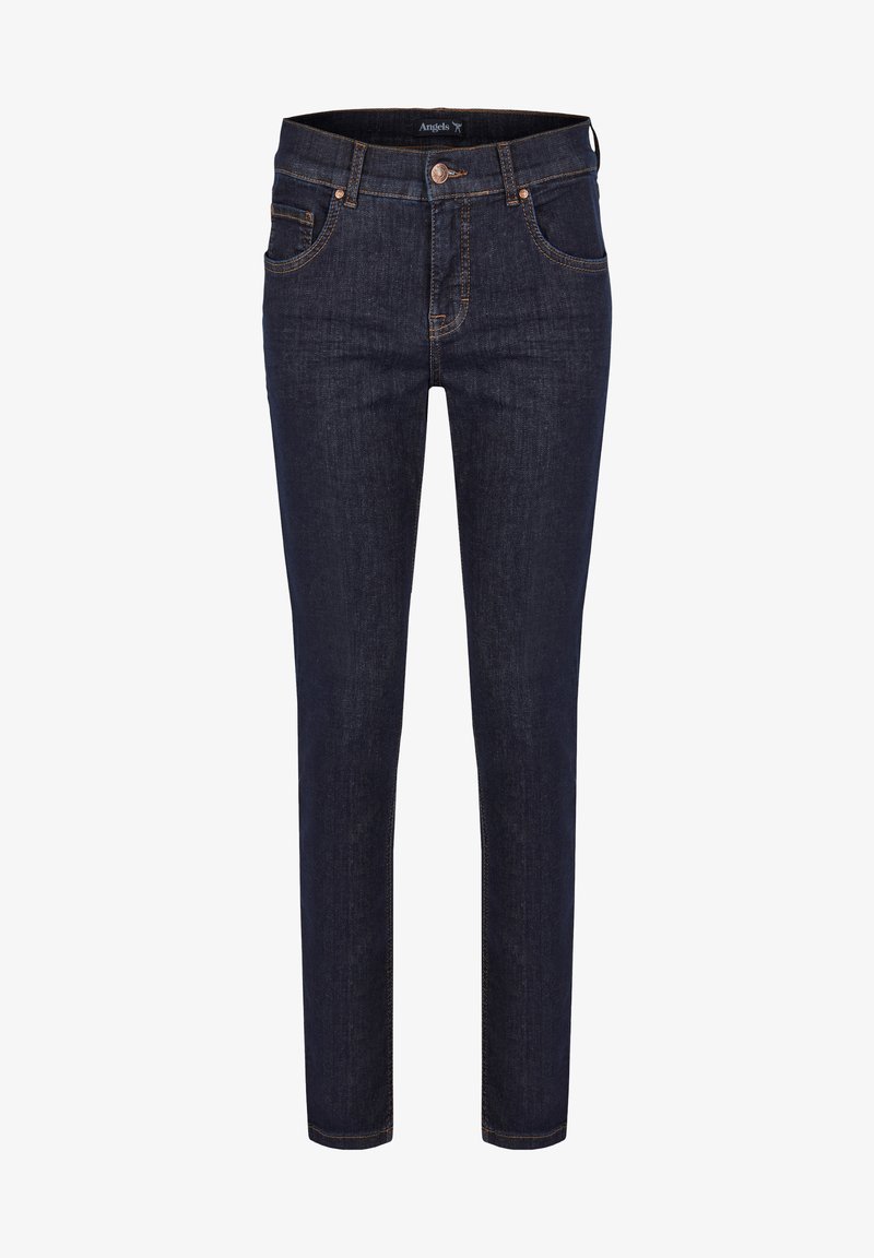 Jean en denim bleu foncé avec une coupe ajustée, cinq poches, quincaillerie couleur cuivre et coutures contrastantes. Texture lisse et coupe droite.
