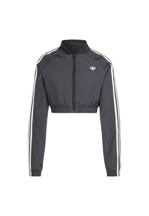 Cropped black jacket made of lightweight material, featuring a front zipper, ribbed collar, and white side stripes with a logo on the chest.