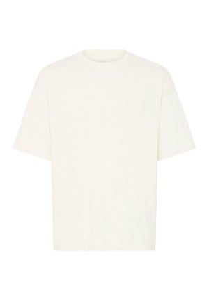 Simpel off-white kortærmet T-shirt med rund hals, vist fladt på en hvid baggrund.