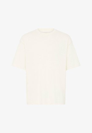 Simpel off-white kortærmet T-shirt med rund hals, vist fladt på en hvid baggrund.