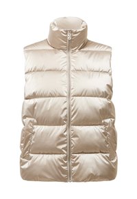 Beige pufferväst med hög krage, central dragkedja, quiltat mönster och två sidofickor för extra detalj.