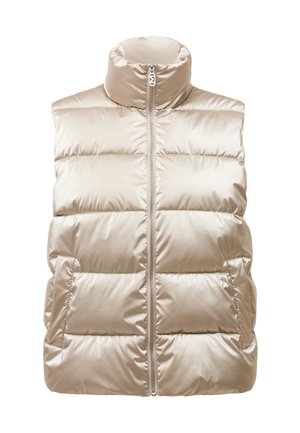Beige puffer vest met een hoge kraag, voorzien van een centrale ritsluiting, een geborduurd ontwerp en twee zijzakken voor extra detail.