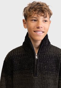 Pull à col zippé en maille dégradé du vert foncé au noir. Présente un tissu texturé, un col haut et un détail de fermeture éclair argenté.