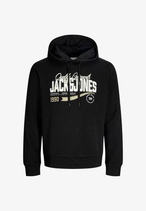 Felpa nera con cappuccio con scritta "Jack & Jones" bianca e beige e nomi di città stampati sul davanti, con coulisse sul cappuccio.
