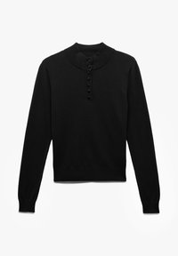 Schwarzer, langärmeliger Strickpullover mit gerippten Bündchen und Saum, Stehkragen und einer Vorderleiste mit sieben mit Stoff bezogenen Knöpfen.