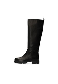Knee-high black leather boots with a textured finish, rounded toe, and a sturdy black rubber sole. Features a pull tab at the top.