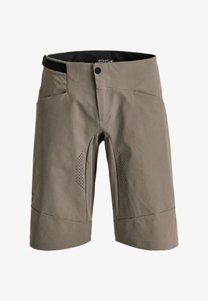 Beige Herren-Radlerhose mit Frontknopf, Seitentaschen, perforierten Belüftungspaneelen nahe den inneren Oberschenkeln und einem schwarzen verstellbaren Taillenbund.