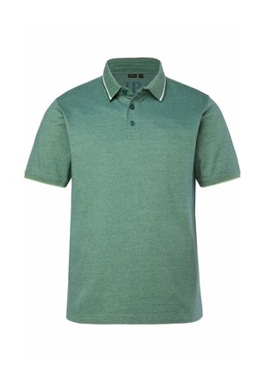 Grøn kortærmet polo-shirt med tre knapper og en krave med hvide og mørkegrønne stribeaccenter.