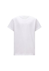 T-shirt bianco in cotone con maniche corte, scollo rotondo e un delicato dettaglio sul petto. Texture liscia e design semplice.