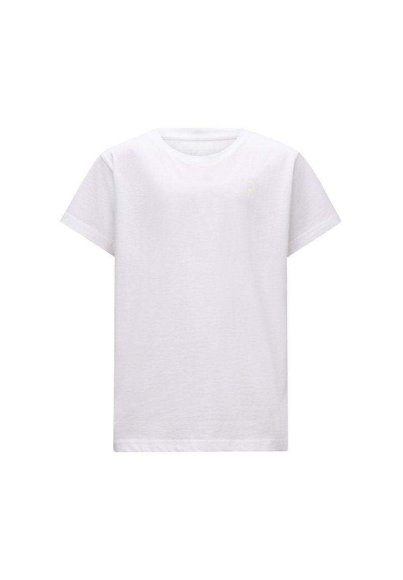 T-shirt bianco in cotone con maniche corte, scollo rotondo e un delicato dettaglio sul petto. Texture liscia e design semplice.
