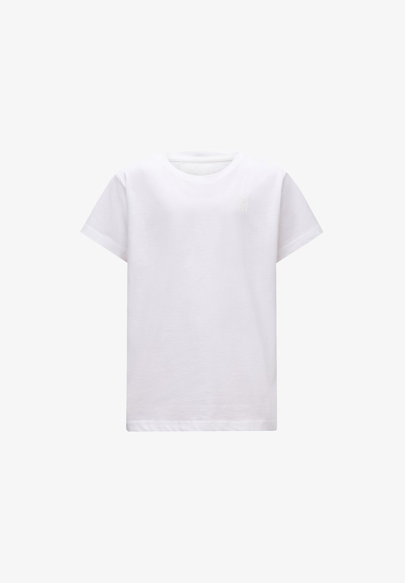 Biała bawełniana koszulka z krótkim rękawem, okrągłym dekoltem i subtelnym detalem na piersi. Gładka faktura i prosty design.