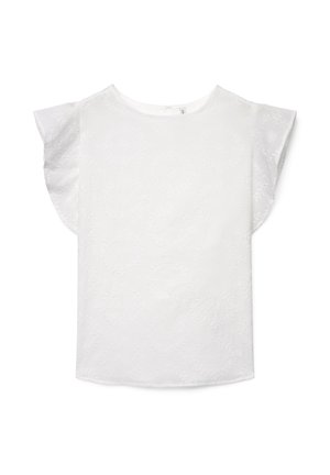 Weiße Bluse mit kurzen Ärmeln, dezenter Blumenstickerei und flatternden Ärmeln, ausgestattet mit einem runden Ausschnitt und einer Knopfleiste auf der Rückseite.