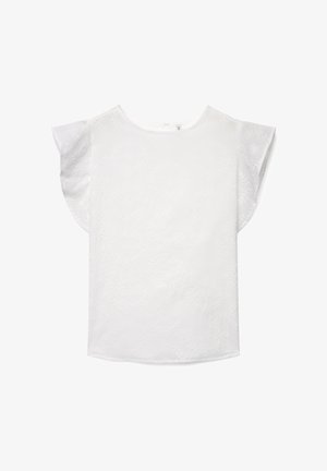 Blouse blanche à manches courtes avec une broderie florale subtile et des manches volantées, dotée d'un col rond et d'une fermeture à boutons au dos.