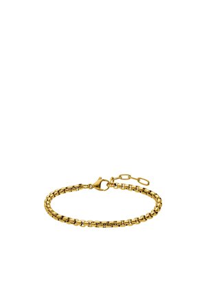 Gouden kettingarmband met karabijnsluiting en verstelbare schakels op een witte achtergrond.