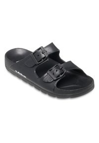 Sort slide sandal lavet af syntetisk materiale, med to justerbare stropper med spænder, en kontureret fodseng og tekstureret sål.