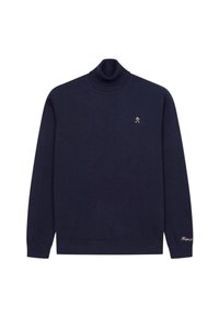 Maglione a collo alto di colore blu navy realizzato in un morbido tessuto a maglia, con maniche lunghe e un sottile logo ricamato in oro sul petto.