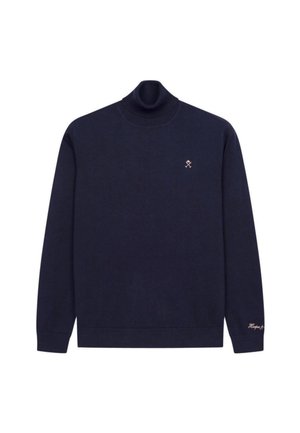 Marineblauwe turtleneck trui in een zachte breikwaliteit, voorzien van lange mouwen en een subtiele geborduurde gouden logo op de borst.