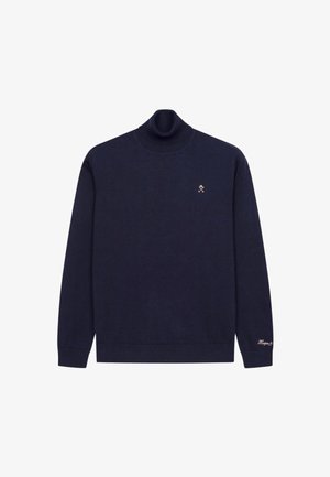 Granatowy sweter z golfem uszyty z miękkiej dzianiny, z długimi rękawami i subtelnym haftowanym logo w kolorze złotym na klatce piersiowej.