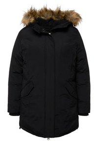 Svart parka med pälsliknande huva, sidofickor, dragkedjestängning och ribbade ärmslut, med en slät, texturerad yta.