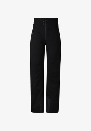 Black ski pants with a straight leg design, made of waterproof material. Features zippered pockets, a front zipper, and adjustable waistband.