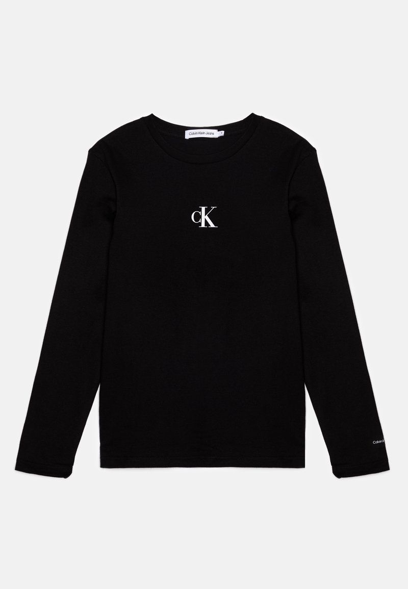 Zwarte langemouwen T-shirt van katoen, met een ronde halslijn en een klein wit logo "cK" op de borst.