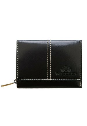Black leather wallet with contrasting white stitching, textured finish, and a logo embossed on the front. Features a zip closure.