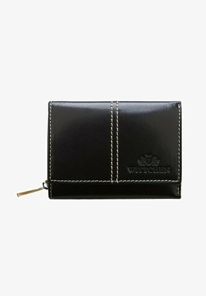 Black leather wallet with contrasting white stitching, textured finish, and a logo embossed on the front. Features a zip closure.
